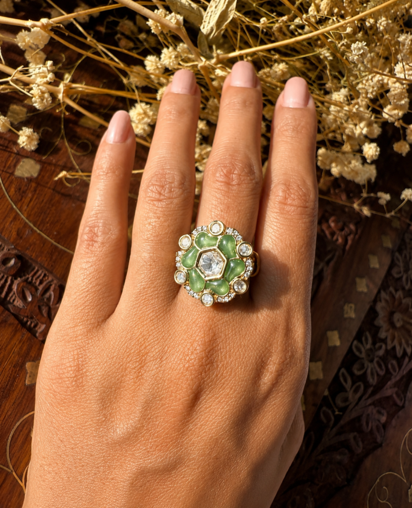 Soft Green Kundan Polki Ring