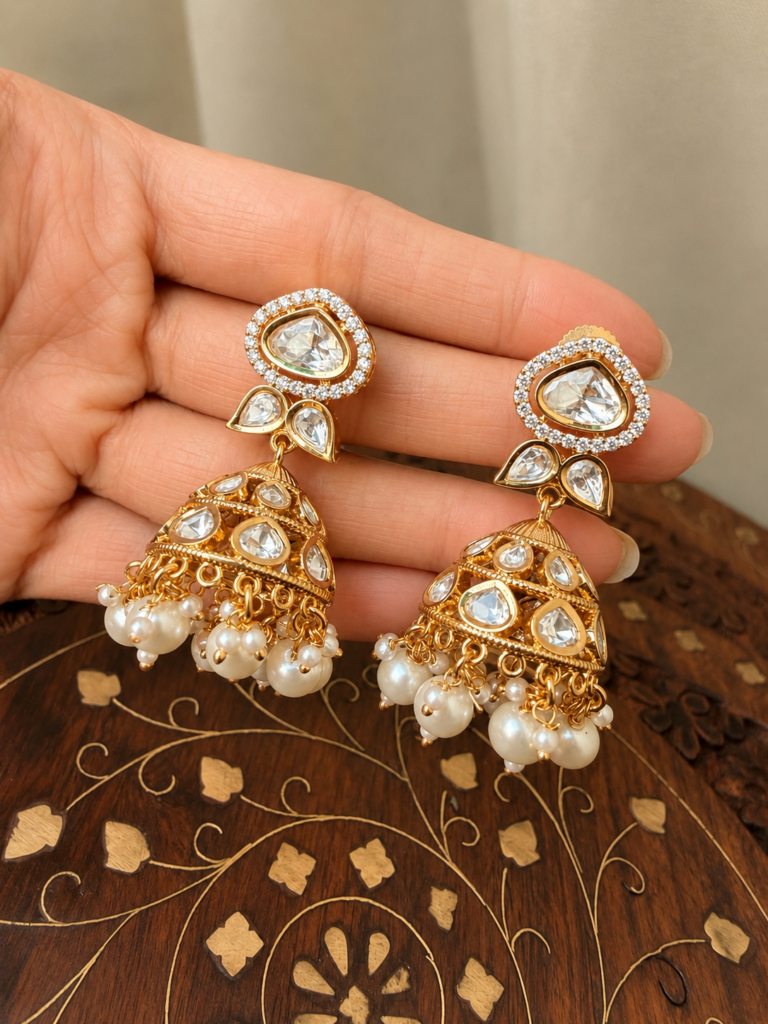 Pearl Polki Jumka Earrings